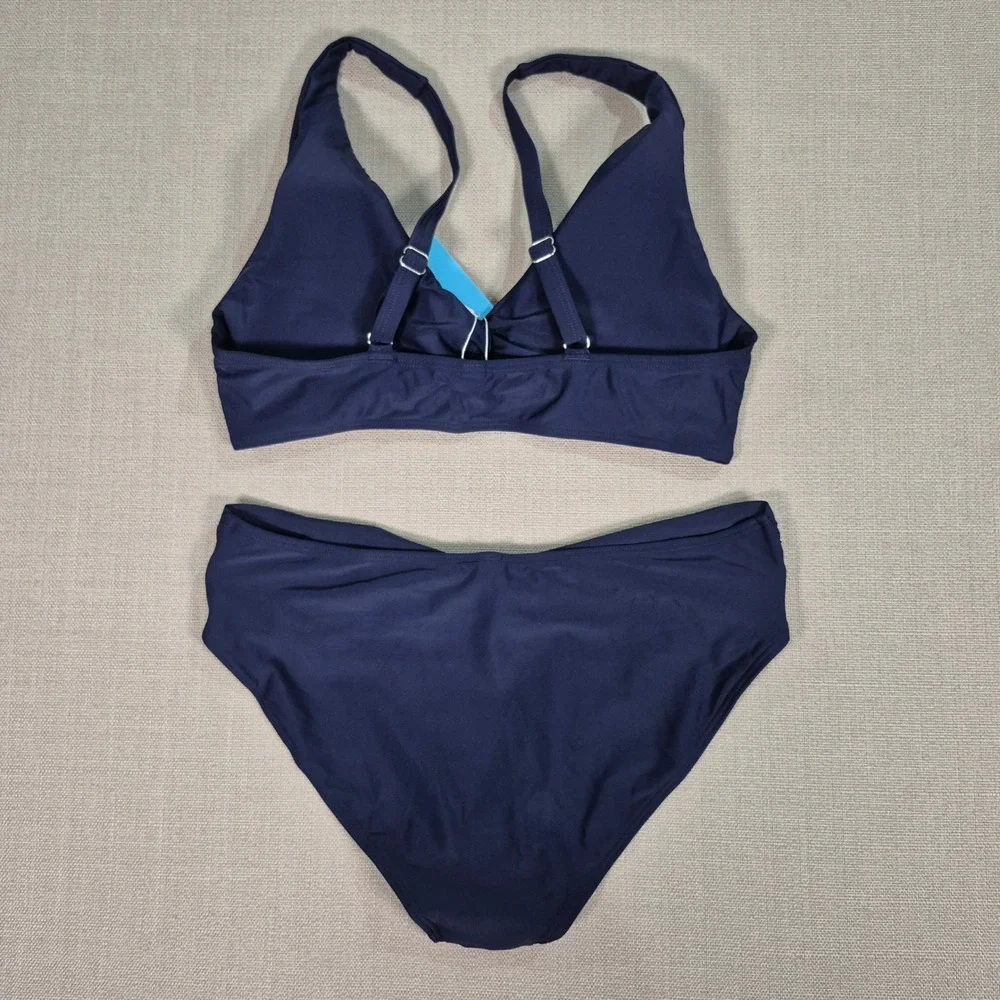 Yonique Women Navy Blue Twist Front High Waisted Bikini Set Two Piece Swimsuit L